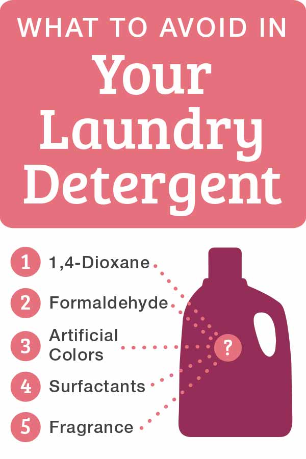 5 ingredients to avoid in laundry detergent 1,4-Dioxane, Formaldehyde, Artificial Colors, Surfactants, and Fragrance
